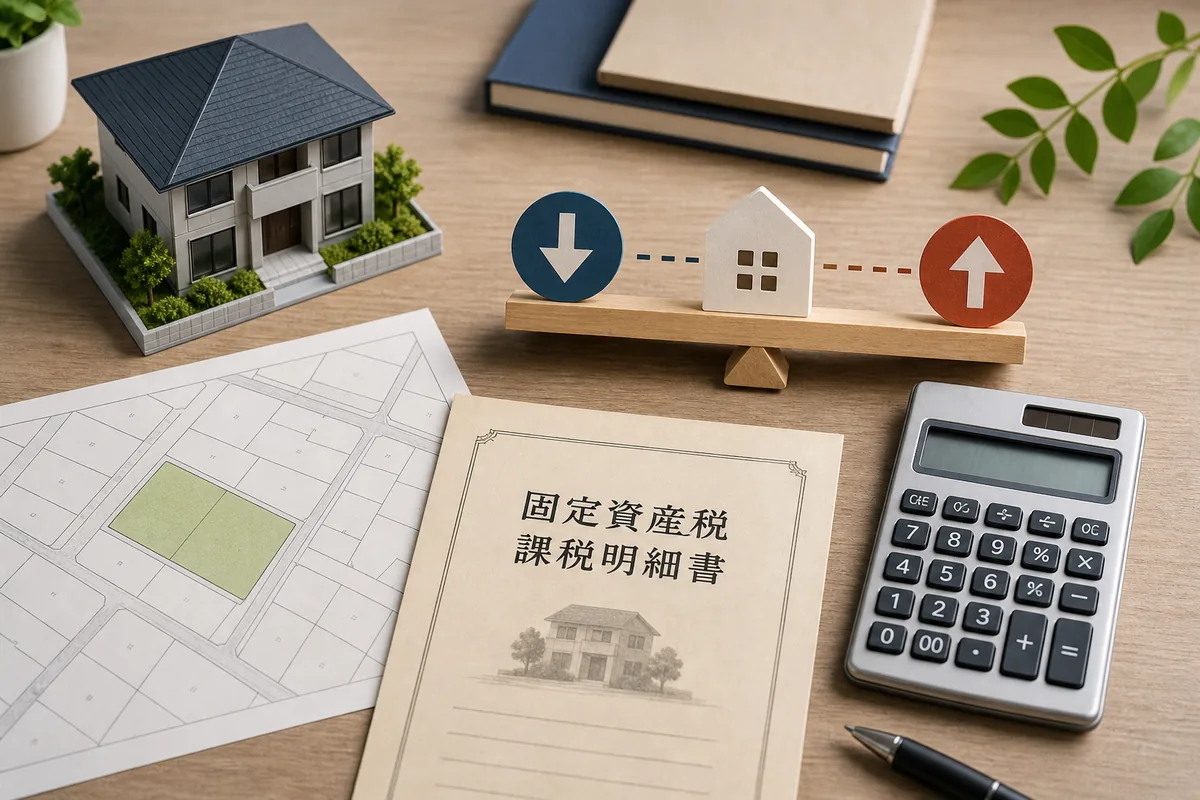 固定資産税評価額と実勢価格の目安を確認する住宅模型、地図、計算機の編集イラスト